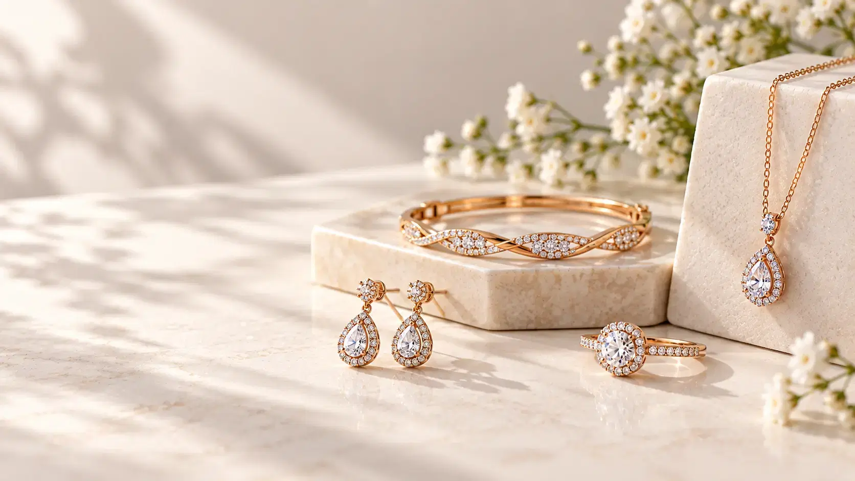 Lab-grown diamond jewellery collection featuring a gold bangle, earrings, pendant, and ring on a minimalist marble display.