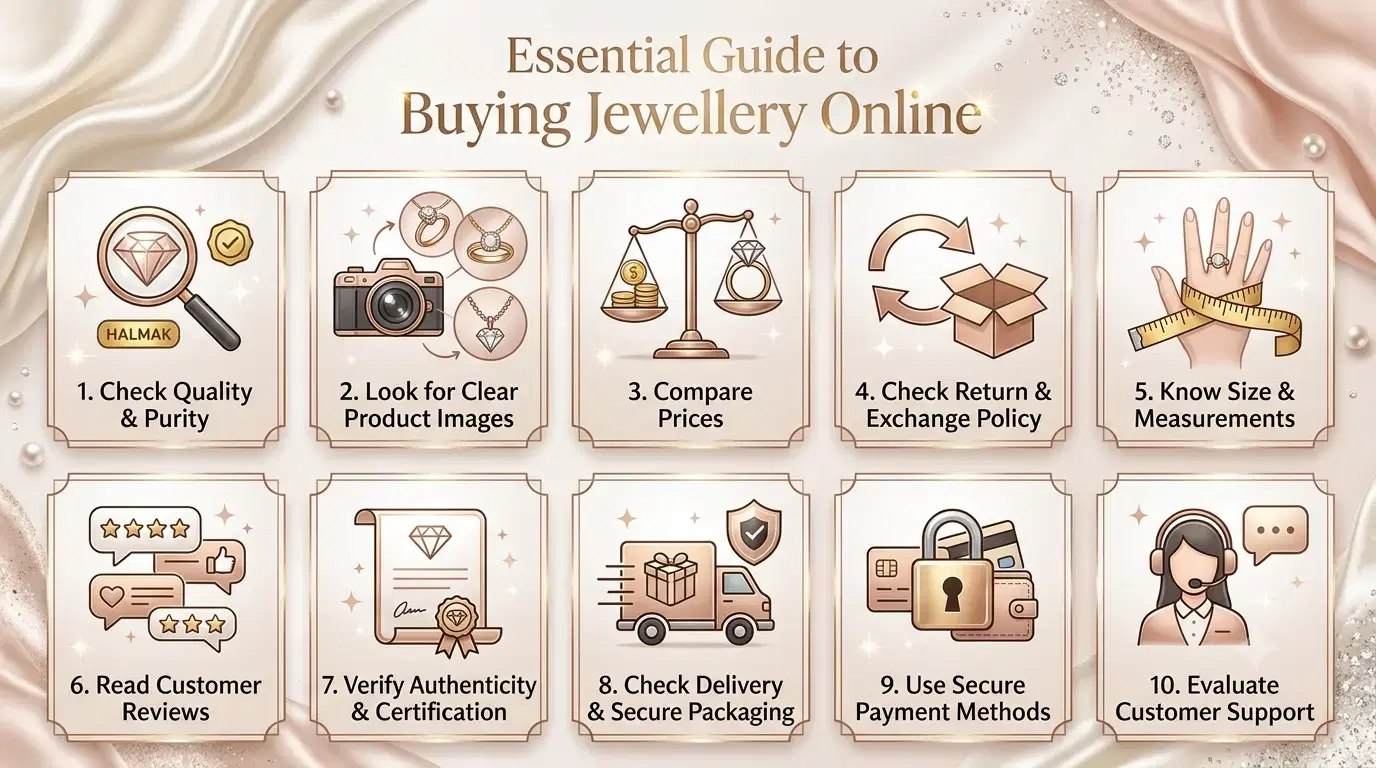 Infographic on 10 essential tips for buying jewellery online safely, including checking diamond authenticity, gold purity, ring size measurements, and secure payment methods.